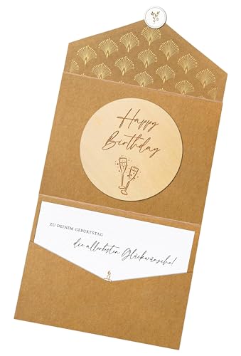 Joli Coon Happy Birthday Holzscheibe mit Klappkuvert und Siegelaufkleber - Geburtstagskarte Holz - Geldgeschenk Geburtstag Holz von Joli Coon