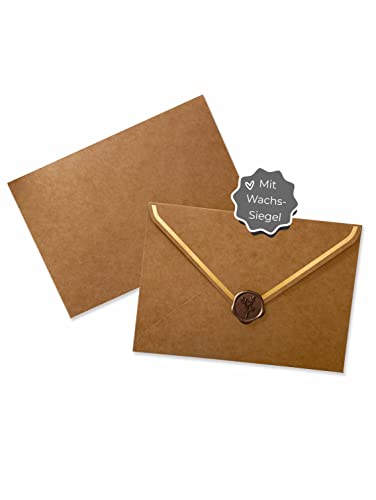 JoliCoon 10 Natur Briefumschläge A6 Natur mit Goldfolierung und Wachssiegel - Kraftpapier Umschläge A6 11,4 x 16,2 cm von Joli Coon