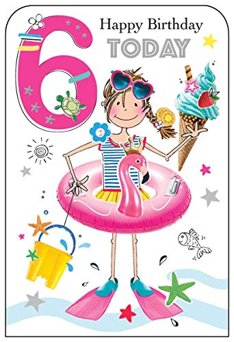 Jonny Javelin Geburtstagskarte für Mädchen, zum 6. Geburtstag, Flamingo-Schwimmring, Eiscreme von Jonny Javelin Card Co