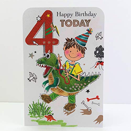 Jonny Javelin Geburtstagskarte zum 4. Geburtstag, Dinosaurier von Jonny Javelin Card Co
