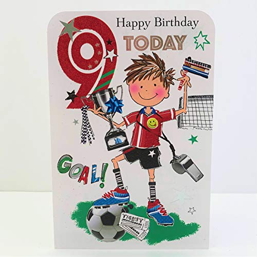 Jonny Javelin Geburtstagskarte zum 9. Geburtstag, Motiv Fußballspieler von Jonny Javelin Card Co