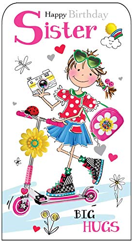 Jonny Javelin Glückwunschkarte zum Geburtstag der Schwester Big Hugs – Mädchen auf Roller. von Jonny Javelin