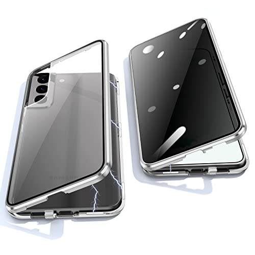 Jonwelsy Anti Peeping Hülle für Samsung Galaxy S22, 360 Grad Schutz Case, Privatsphäre Gehärtetes Glas Anti-Spähen Cover, Stark Magnetische Adsorption Metallrahmen Handyhülle für S22 (Silber) von Jonwelsy