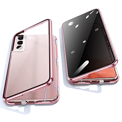 Jonwelsy Anti Peeping Hülle für Samsung Galaxy S22 Plus, 360 Grad Schutz Case, Privatsphäre Gehärtetes Glas Anti-Spähen Cover, Stark Magnetische Adsorption Metallrahmen Handyhülle für S22+ (Pink Gold) von Jonwelsy