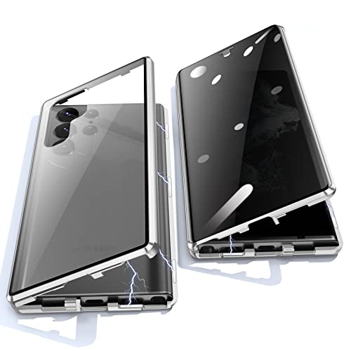 Jonwelsy Anti Peeping Hülle für Samsung Galaxy S22 Ultra, 360 Grad Schutz Case, Privatsphäre Gehärtetes Glas Anti-Spähen Cover, Stark Magnetische Adsorption Metallrahmen Handyhülle (Silber) von Jonwelsy