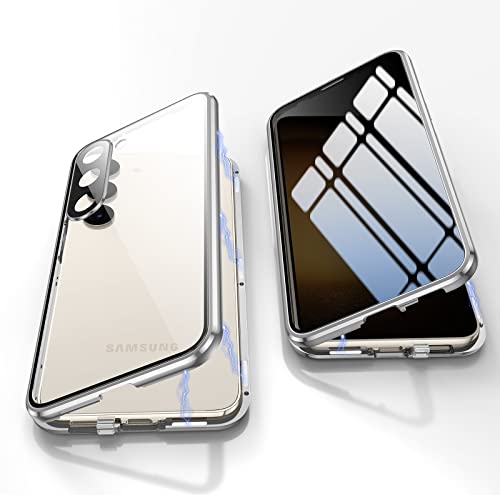 Jonwelsy Anti Peeping Hülle für Samsung Galaxy S23, 360 Grad Schutz Case, Privatsphäre Gehärtetes Glas Anti-Spähen Cover, Stark Magnetische Adsorption Metallrahmen Handyhülle für S23 (Silber) von Jonwelsy