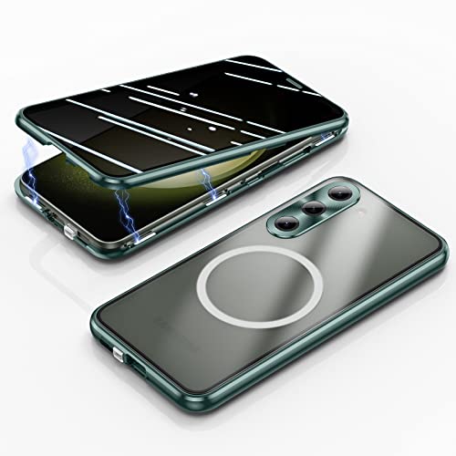 Jonwelsy Anti Peeping Hülle für Samsung Galaxy S23, Kompatibel mit Magsafe Case 360 Doppelte Seiten Schutz Vorne Privacy Glas Cover Magnetische Adsorption Metall Stoßstange Handyhülle (Grün) von Jonwelsy