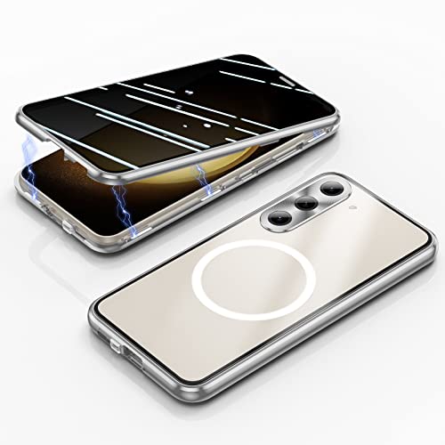Jonwelsy Anti Peeping Hülle für Samsung Galaxy S23, Kompatibel mit Magsafe Case 360 Doppelte Seiten Schutz Vorne Privacy Glas Cover Magnetische Adsorption Metall Stoßstange Handyhülle (Silber) von Jonwelsy