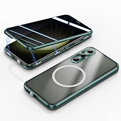 Jonwelsy Anti Peeping Hülle für Samsung Galaxy S23 Plus, Kompatibel mit Magsafe Case 360 Doppelte Seiten Schutz Vorne Privacy Glas Cover Magnetische Adsorption Metall Stoßstange Handyhülle (Grün) von Jonwelsy