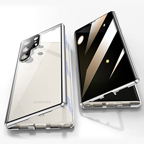 Jonwelsy Anti Peeping Hülle für Samsung Galaxy S23 Ultra, 360 Grad Schutz Case, Privatsphäre Gehärtetes Glas Anti-Spähen Cover, Stark Magnetische Adsorption Metallrahmen Handyhülle (Silber) von Jonwelsy