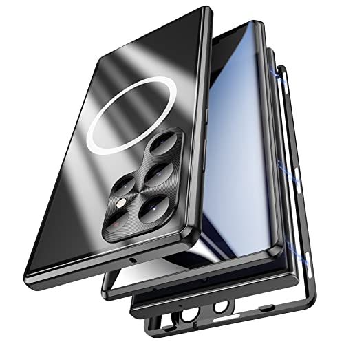 Jonwelsy Anti Peeping Hülle für Samsung Galaxy S23 Ultra, Doppelseitige 360 Grad Schutzhülle Kompatibel mit Magsafe Anti Spy Privatsphäre Glas Magnetische Adsorption Metall Bumper für S23U (Schwarz) von Jonwelsy