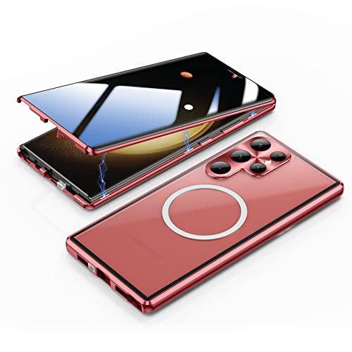 Jonwelsy Anti Peeping Hülle für Samsung Galaxy S23 Ultra, Kompatibel mit Magsafe Case 360 Doppelte Seiten Schutz Vorne Privacy Glas Cover Magnetische Adsorption Metall Stoßstange Handyhülle (Rot) von Jonwelsy