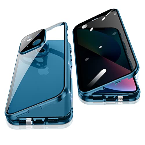 Jonwelsy Anti Peeping Hülle für iPhone 13 (6,1"), 360 Grad Schutz Case, Privatsphäre Gehärtetes Glas Anti-Spähen Cover, Stark Magnetische Adsorption Metallrahmen Handyhülle für iPhone 13 (Blau) von Jonwelsy