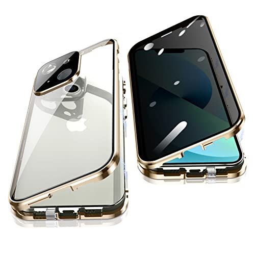 Jonwelsy Anti Peeping Hülle für iPhone 13 (6,1"), 360 Grad Schutz Case, Privatsphäre Gehärtetes Glas Anti-Spähen Cover, Stark Magnetische Adsorption Metallrahmen Handyhülle für iPhone 13 (Gold) von Jonwelsy