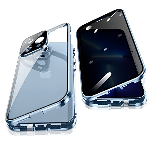 Jonwelsy Anti Peeping Hülle für iPhone 13 Pro (6,1"), 360 Grad Schutz Case, Privatsphäre Gehärtetes Glas Anti-Spähen Cover, Stark Magnetische Adsorption Metallrahmen Handyhülle für 13 Pro (Blau) von Jonwelsy