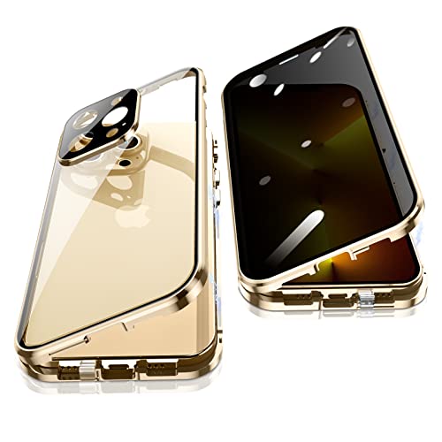 Jonwelsy Anti Peeping Hülle für iPhone 13 Pro (6,1"), 360 Grad Schutz Case, Privatsphäre Gehärtetes Glas Anti-Spähen Cover, Stark Magnetische Adsorption Metallrahmen Handyhülle für 13 Pro (Gold) von Jonwelsy