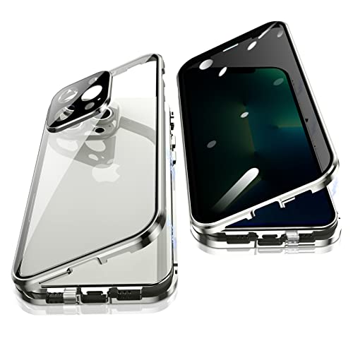 Jonwelsy Anti Peeping Hülle für iPhone 13 Pro (6,1"), 360 Grad Schutz Case, Privatsphäre Gehärtetes Glas Anti-Spähen Cover, Stark Magnetische Adsorption Metallrahmen Handyhülle für 13 Pro (Silber) von Jonwelsy