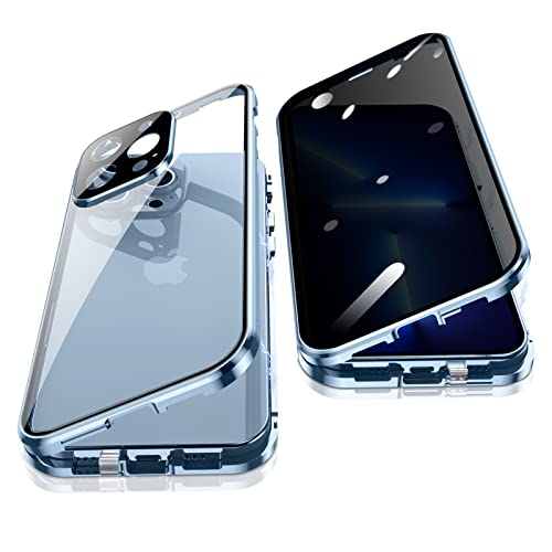 Jonwelsy Anti Peeping Hülle für iPhone 13 Pro Max, 360 Grad Schutz Case, Privatsphäre Gehärtetes Glas Anti-Spähen Cover, Stark Magnetische Adsorption Metallrahmen Handyhülle für 13 Pro Max (Blau) von Jonwelsy