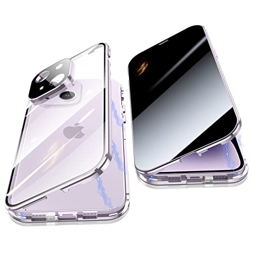 Jonwelsy Anti Peeping Hülle für iPhone 14 (6.1"), 360 Grad Schutz Case, Privatsphäre Gehärtetes Glas Anti-Spähen Cover, Stark Magnetische Adsorption Metallrahmen Handyhülle für iPhone 14 (Violett) von Jonwelsy