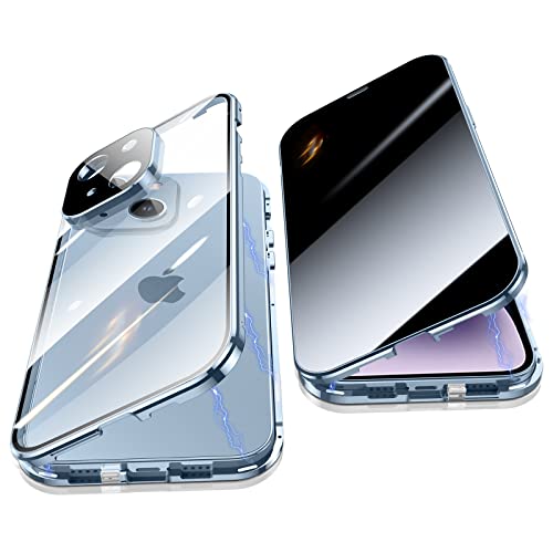 Jonwelsy Anti Peeping Hülle für iPhone 14 (6.1"), 360 Grad Schutz Case, Privatsphäre Gehärtetes Glas Anti-Spähen Cover, Stark Magnetische Adsorption Metallrahmen Handyhülle für iPhone 14 (Blau) von Jonwelsy