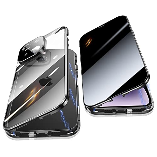 Jonwelsy Anti Peeping Hülle für iPhone 14 (6.1"), 360 Grad Schutz Case, Privatsphäre Gehärtetes Glas Anti-Spähen Cover, Stark Magnetische Adsorption Metallrahmen Handyhülle für iPhone 14 (Schwarz) von Jonwelsy