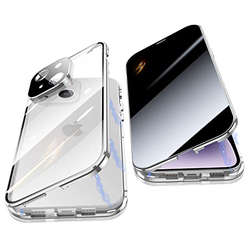 Jonwelsy Anti Peeping Hülle für iPhone 14 (6.1"), 360 Grad Schutz Case, Privatsphäre Gehärtetes Glas Anti-Spähen Cover, Stark Magnetische Adsorption Metallrahmen Handyhülle für iPhone 14 (Silber) von Jonwelsy