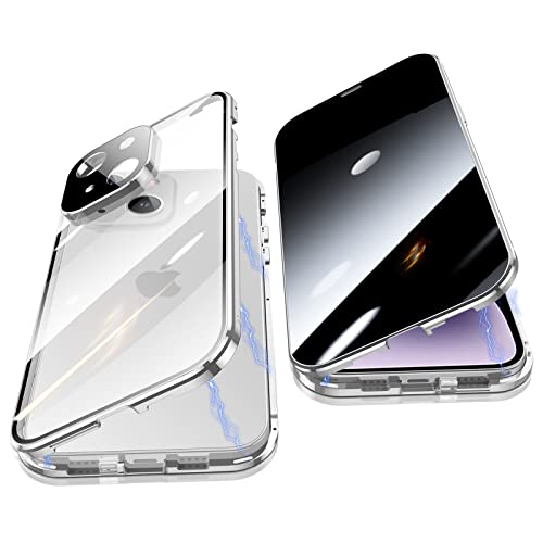 Jonwelsy Anti Peeping Hülle für iPhone 14 Plus (6.7"), 360 Grad Schutz Case, Privatsphäre Gehärtetes Glas Anti-Spähen Cover, Stark Magnetische Adsorption Metallrahmen Handyhülle für 14 Plus (Silber) von Jonwelsy