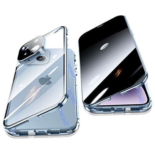 Jonwelsy Anti Peeping Hülle für iPhone 14 Plus (6.7"), 360 Grad Schutz Case, Privatsphäre Gehärtetes Glas Anti-Spähen Cover, Stark Magnetische Adsorption Metallrahmen Handyhülle für 14 Plus (Blau) von Jonwelsy