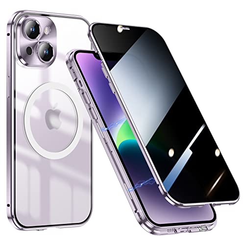 Jonwelsy Anti Peeping Hülle für iPhone 14 Plus 6.7" Kompatibel mit Magsafe Case 360 Grad Doppelte Seiten Schutz Vorne Privacy Glas Cover Magnetische Adsorption Metall Stoßstange Handyhülle (Violett) von Jonwelsy