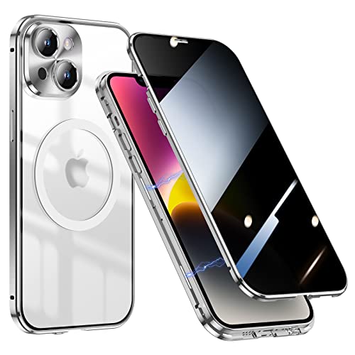 Jonwelsy Anti Peeping Hülle für iPhone 14 Plus 6.7" Kompatibel mit Magsafe Case 360 Grad Doppelte Seiten Schutz Vorne Privacy Glas Cover Magnetische Adsorption Metall Stoßstange Handyhülle (Silber) von Jonwelsy