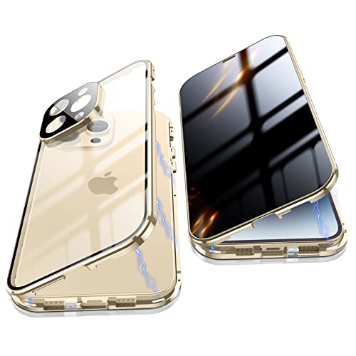 Jonwelsy Anti Peeping Hülle für iPhone 14 Pro (6.1"), 360 Grad Schutz Case, Privatsphäre Gehärtetes Glas Anti-Spähen Cover, Stark Magnetische Adsorption Metallrahmen Handyhülle für 14 Pro (Gold) von Jonwelsy