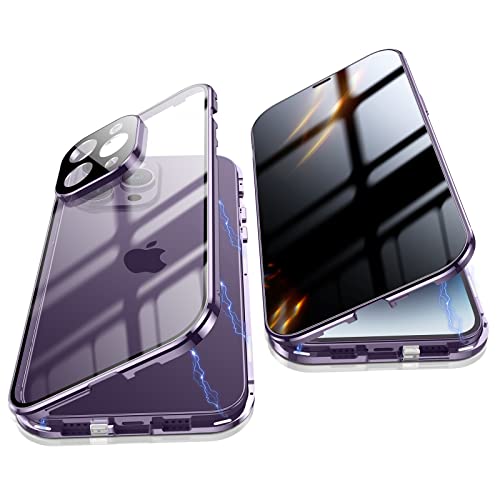 Jonwelsy Anti Peeping Hülle für iPhone 14 Pro (6.1"), 360 Grad Schutz Case, Privatsphäre Gehärtetes Glas Anti-Spähen Cover, Stark Magnetische Adsorption Metallrahmen Handyhülle für 14 Pro (Violett) von Jonwelsy