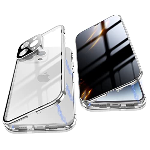 Jonwelsy Anti Peeping Hülle für iPhone 14 Pro (6.1"), 360 Grad Schutz Case, Privatsphäre Gehärtetes Glas Anti-Spähen Cover, Stark Magnetische Adsorption Metallrahmen Handyhülle für 14 Pro (Silber) von Jonwelsy