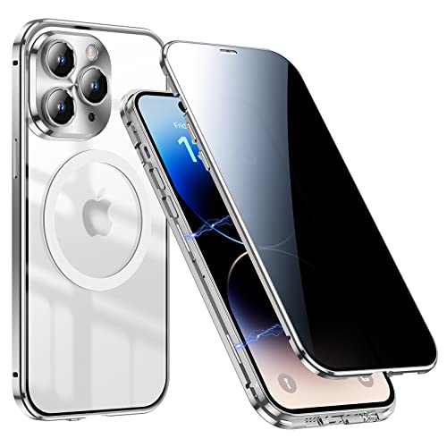 Jonwelsy Anti Peeping Hülle für iPhone 14 Pro 6.1" Kompatibel mit Magsafe Case 360 Grad Doppelte Seiten Schutz Vorne Privacy Glas Cover Magnetische Adsorption Metall Stoßstange Handyhülle (Silber) von Jonwelsy