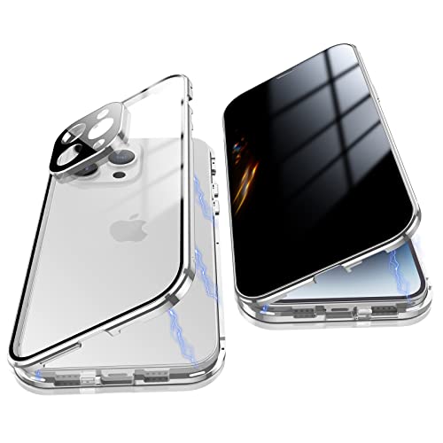 Jonwelsy Anti Peeping Hülle für iPhone 14 Pro Max, 360 Grad Schutz Case, Privatsphäre Gehärtetes Glas Anti-Spähen Cover, Stark Magnetische Adsorption Metallrahmen Handyhülle für 14 Pro Max (Silber) von Jonwelsy