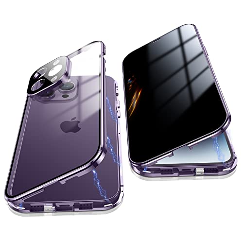 Jonwelsy Anti Peeping Hülle für iPhone 14 Pro Max, 360 Grad Schutz Case, Privatsphäre Gehärtetes Glas Anti-Spähen Cover, Stark Magnetische Adsorption Metallrahmen Handyhülle für 14 Pro Max (Violett) von Jonwelsy