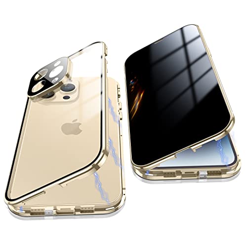 Jonwelsy Anti Peeping Hülle für iPhone 14 Pro Max, 360 Grad Schutz Case, Privatsphäre Gehärtetes Glas Anti-Spähen Cover, Stark Magnetische Adsorption Metallrahmen Handyhülle für 14 Pro Max (Gold) von Jonwelsy