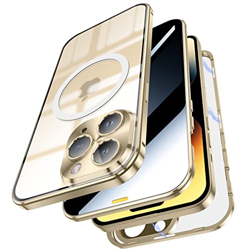 Jonwelsy Anti Peeping Hülle für iPhone 14 Pro Max, doppelseitige 360 Grad Schutzhülle kompatibel mit Magsafe Anti Spy Privatsphäre Glas magnetische Adsorption Metall Bumper für 14 Pro Max (Gold) von Jonwelsy