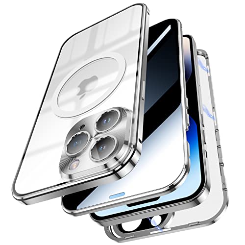 Jonwelsy Anti Peeping Hülle für iPhone 14 Pro Max, doppelseitige 360 Grad Schutzhülle kompatibel mit Magsafe Anti Spy Privatsphäre Glas magnetische Adsorption Metall Bumper für 14 Pro Max (Silber) von Jonwelsy