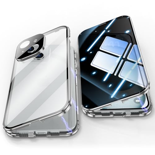 Jonwelsy Anti Peeping Hülle für iPhone 15, 360 Grad Schutz Case, Privatsphäre Gehärtetes Glas Anti-Spähen Cover, Stark Magnetische Adsorption Metallrahmen Handyhülle für iPhone 15 (Silber) von Jonwelsy