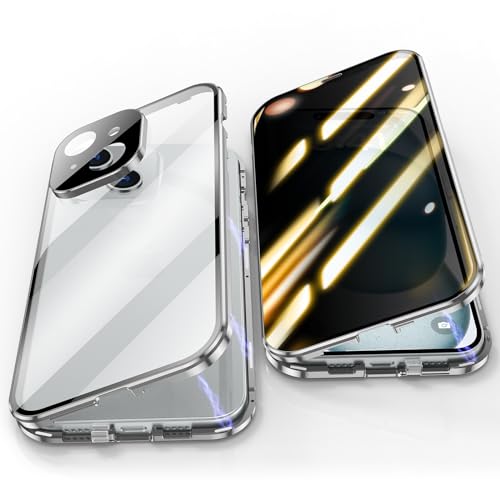 Jonwelsy Anti Peeping Hülle für iPhone 15 Plus, 360 Grad Schutz Case, Privatsphäre Gehärtetes Glas Anti-Spähen Cover, Stark Magnetische Adsorption Metallrahmen Handyhülle für iPhone 15+ (Silber) von Jonwelsy