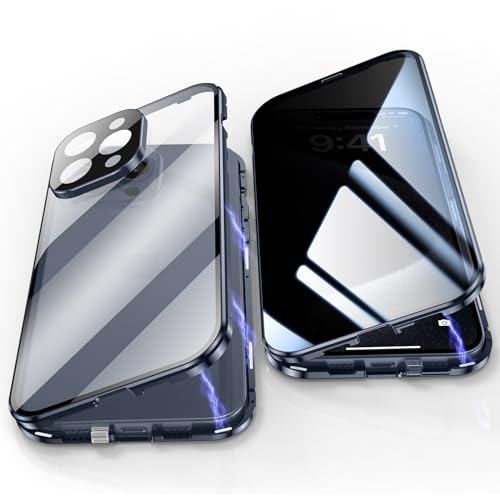 Jonwelsy Anti Peeping Hülle für iPhone 15 Pro Max, 360 Grad Schutz Case, Privatsphäre Gehärtetes Glas Anti-Spähen Cover, Stark Magnetische Adsorption Metallrahmen Handyhülle für 15 Pro Max (Blau) von Jonwelsy