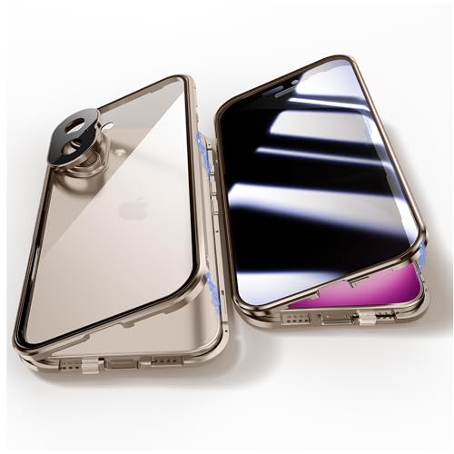 Jonwelsy Anti Peeping Hülle für iPhone 16, 360 Grad Schutz Case, Privatsphäre Gehärtetes Glas Anti-Spähen Cover, Stark Magnetische Adsorption Metallrahmen Handyhülle für iPhone16 (Gold) von Jonwelsy