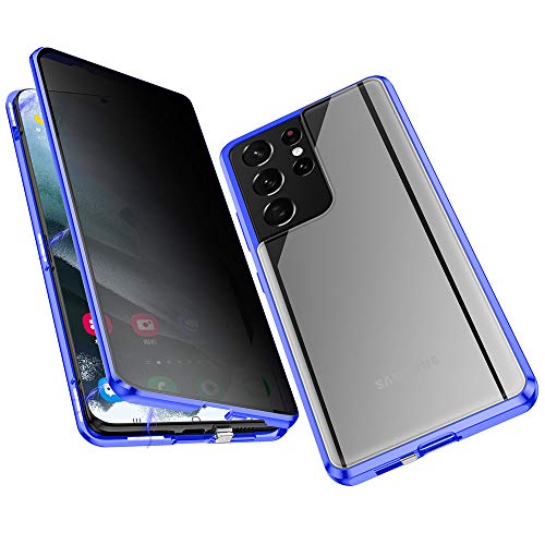 Jonwelsy Anti-Spy Handyhülle für Samsung Galaxy S21 Ultra, 360 Grad Schutz Case, Privatsphäre Gehärtetes Glas Anti-Spähen Cover, Stark Magnetische Adsorption Metallrahmen Hülle für S21U (Blau) von Jonwelsy
