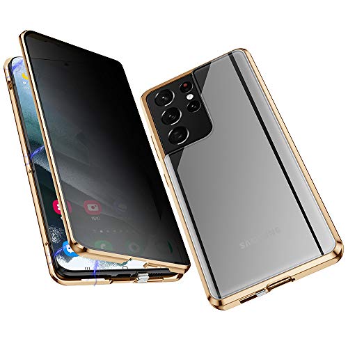 Jonwelsy Anti-Spy Handyhülle für Samsung Galaxy S21 Ultra, 360 Grad Schutz Case, Privatsphäre Gehärtetes Glas Anti-Spähen Cover, Stark Magnetische Adsorption Metallrahmen Hülle für S21U (Gold) von Jonwelsy