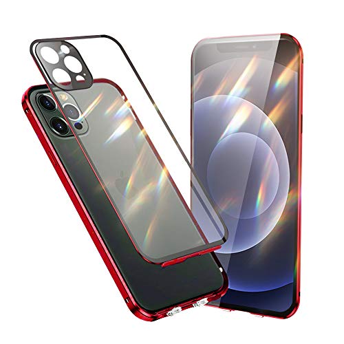 Jonwelsy Hülle Kompatibel mit iPhone 12 Pro Max (6,7"), 360 Grad Vorne und Hinten Gehärtetes Glas Transparente Case Cover mit Kamera Objektivschutz, Stoßfest Metallrahmen Handyhülle (Rot) von Jonwelsy