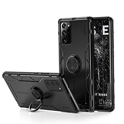Jonwelsy Hülle für Samsung Galaxy Note 20 Ultra, Stoßfestes Weich Silikon+Aluminiumlegierung Rüstung Handyhülle mit 360 Grad Drehbarer Ring Kickstand Kompatibel Magnetische Auto Mount (Schwarz) von Jonwelsy