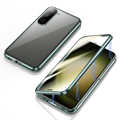Jonwelsy Hülle für Samsung Galaxy S23, Magnetische Adsorption Metall Stoßstange Flip Cover mit 360 Grad Schutz Doppelte Seiten Transparent Gehärtetes Glas Handyhülle für Samsung Galaxy S23 (Grün) von Jonwelsy