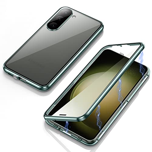 Jonwelsy Hülle für Samsung Galaxy S23 Plus, Magnetische Adsorption Metall Stoßstange Flip Cover mit 360 Grad Schutz Doppelte Seiten Transparent Gehärtetes Glas Handyhülle für Samsung S23+ (Grün) von Jonwelsy