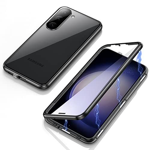 Jonwelsy Hülle für Samsung Galaxy S23 Plus, Magnetische Adsorption Metall Stoßstange Flip Cover mit 360 Grad Schutz Doppelte Seiten Transparent Gehärtetes Glas Handyhülle für Samsung S23+ (Schwarz) von Jonwelsy